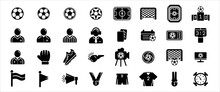 Simple Set Of Soccer Sport Related Vector Icon Graphic Design. Contains Such Icons As Referee, Commentator, Whistle, Card, Ticket, Glove, Shoes, Uniform, Medal, Flag, Schedule, Speaker And Score