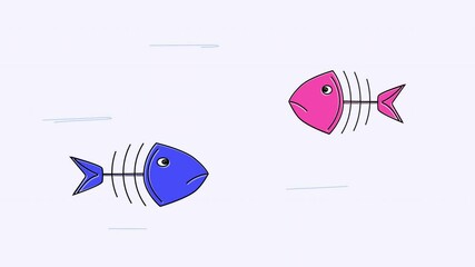 Wall Mural - Two funny colourful fish skeletons, fish bones swimming in water. Hand drawn animation. Copy space,