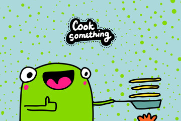 Poster - Cook something hand drawn vector illustration in cartoon comic style frog making pancakes