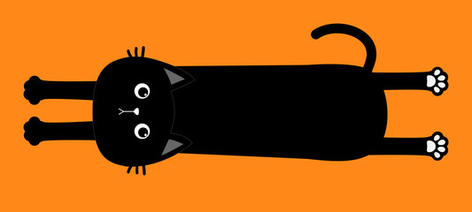 Black cat. Happy Halloween. Cute cartoon baby character. Long body with paw print, tail. Funny face head silhouette. Meow.Kawaii animal. Pet collection. Flat design style. Orange background. Isolated.