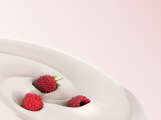 Raspberries float in a yogurt Presentation of dairy products flavored 3d render image on color gradient