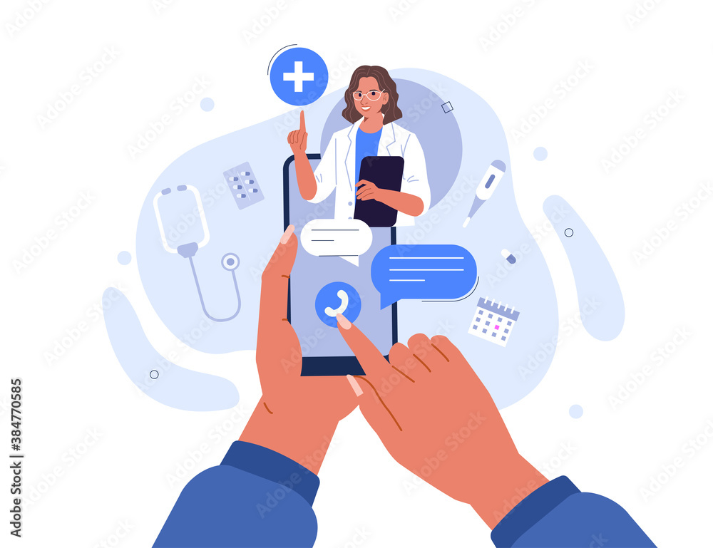 Hands Holding Smartphone with Video Call on Screen. Patient having Online Conversation with Doctor. Modern Health Care Services and Online Telemedicine Concept. Flat Cartoon Vector Illustration. 
 - obrazy, fototapety, plakaty 
