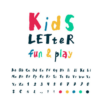 Kids playful style font design. Childish alphabet letters, signs and symbols, numbers. Hand drawn alphabet. Colored and dark blue vector illustration. Isolated vector illustration.