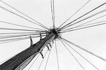 Silhouetted telephone lines on a wooden pole against a white sky