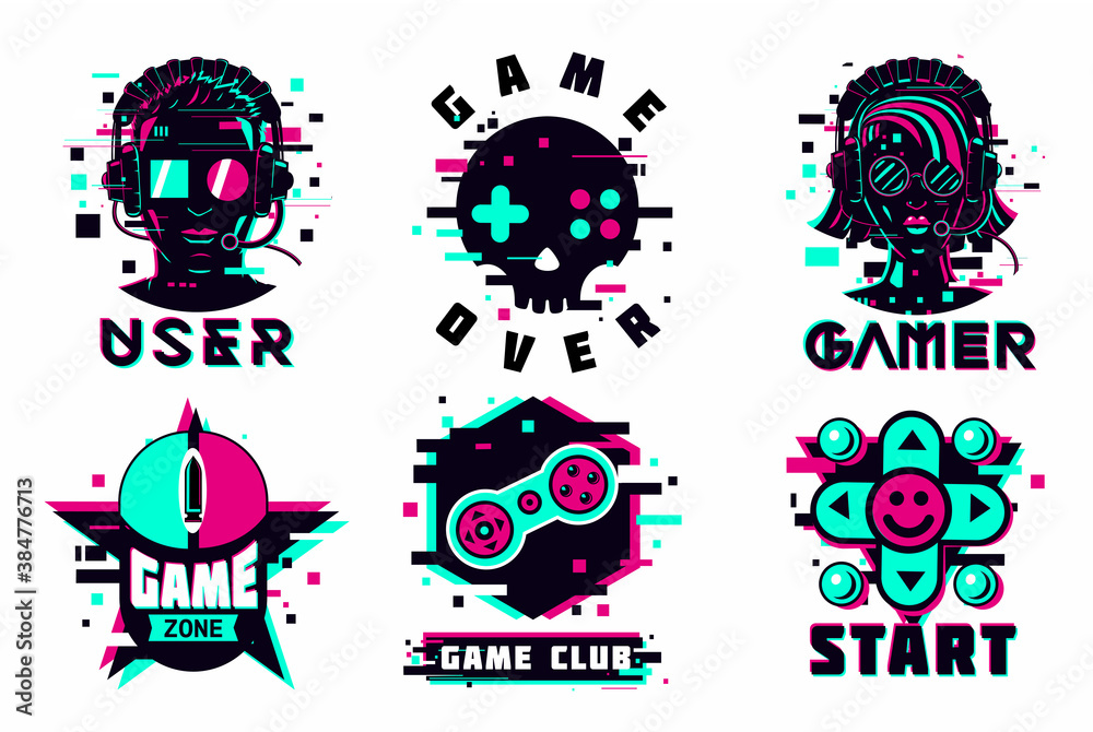 Game Emblems Vector Game team emblem set. Glitch style vector signs. Virtual reality sport ...