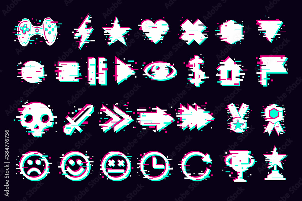 Glitch icons set. Interface navigation elements with glitchy effect. Vector signs collection on white background. Game design elements. - obrazy, fototapety, plakaty 