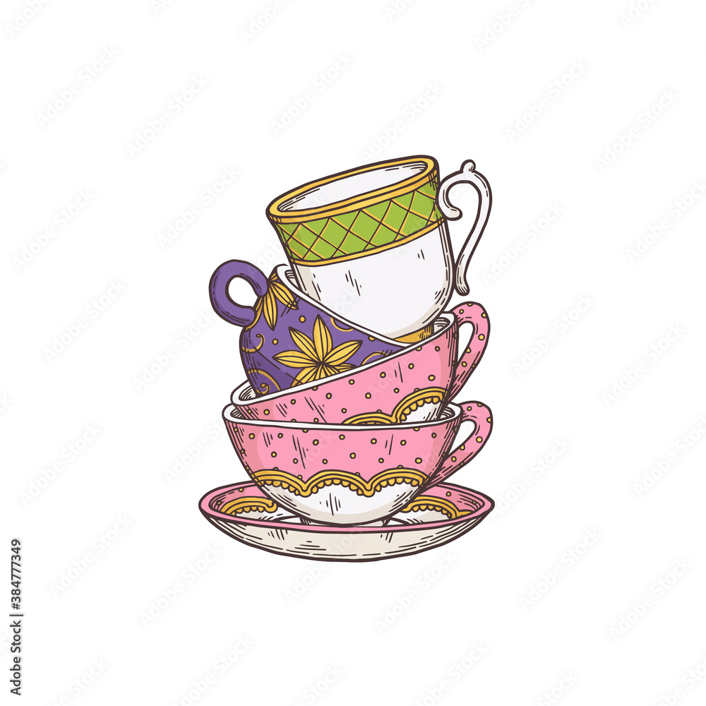 Vector isolated illustration of stack colored hand drawn tea cups for ...