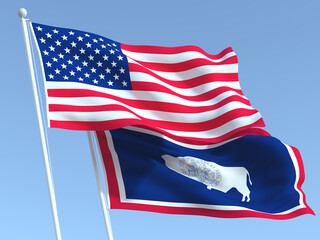 Wall Mural - The flags of United States and Wyoming state on the blue sky. For news, reportage, business. 3d illustration