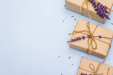 Zero waste gift concept with craft boxes and fragrant fresh lavender