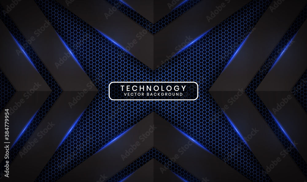 Abstract 3D black techno background overlap layers on dark space with ...