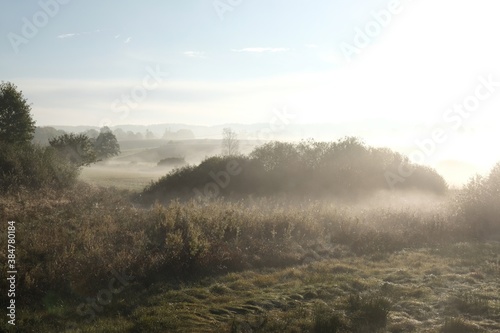 Fotomural Beautiful autumn moody landscape - fields and meadows shrouded in mist in the morning