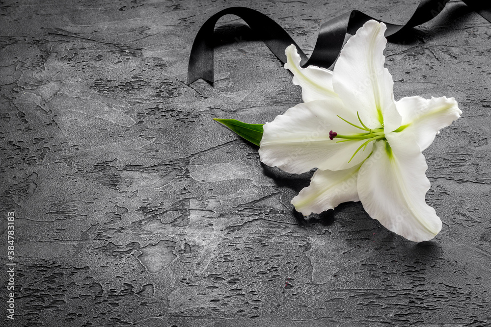 Condolence card with white flowers lily. Funeral symbol - obrazy, fototapety, plakaty 