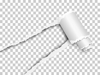 Wall Mural - Torn, snatched window placed diagonally from lower left corner in checkered transparent paper with paper curl. Transparent background of the resulting hole. Vector template paper design.
