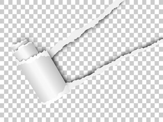 Wall Mural - Torn, snatched window placed diagonally in sheet of checkered transparent paper with paper curl. White background of the resulting hole. Template paper design.