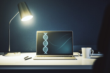 Poster - Creative light DNA illustration on modern computer monitor, science and biology concept. 3D Rendering