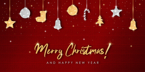 Aufkleber - Christmas and New Year banner with glitter golden and silver decoration at red knit texture. Holiday knitted background with hanging glitter covered balls. Vector.