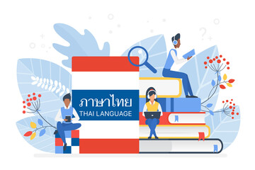 Wall Mural - People learning Thai language vector illustration. Thailand distance education, online learning courses concept. Students reading books cartoon characters. Teaching foreign languages