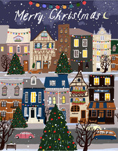Merry Christmas And Happy New Year!
Vector Illustrations Of Festive Decorated Cute Houses, Christmas Trees, Evening City Streets And Winter Road. Drawing For A Postcard Or Poster