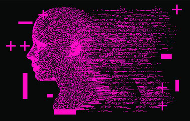 Poster - Abstract technology illustration with low poly 3d face mask. Conceptual cover for Artificial intelligence, Facial recognition and Neural Network subjects.