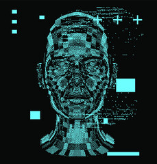 Poster - Abstract technology illustration with low poly 3d face mask. Conceptual cover for Artificial intelligence, Facial recognition and Neural Network subjects.