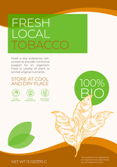 Wall Mural - Fresh Local Herbs Label Template. Abstract Vector Packaging Design Layout. Modern Typography Banner with Hand Drawn Tobacco Leaves Sketch Silhouette Background.