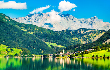 Poster - Reschen am See or Resia, a village on Lake Reschen in South Tyrol, Italian Alps