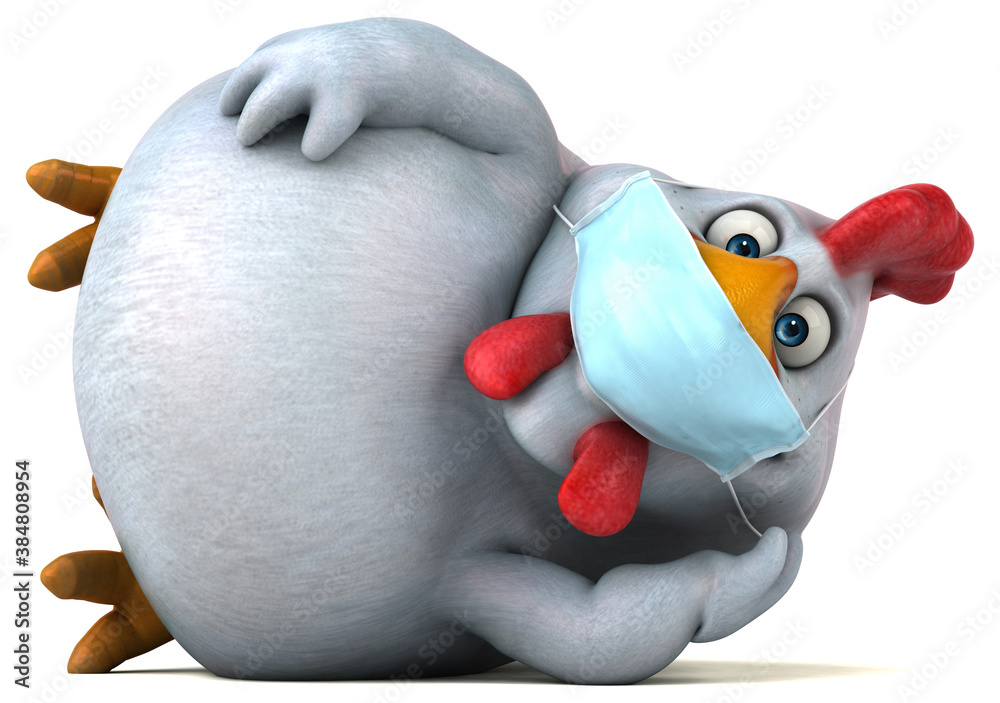 Fun 3D cartoon chicken with a mask - obrazy, fototapety, plakaty 