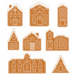 Set of isolated gingerbread houses. Traditional Christmas cookies. Vector flat illustration