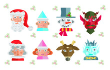 Set Of Vibrant Colorful Christmas Faces Mr. And Mrs Santa Claus And Friends