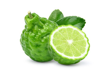 Bergamot fruit with cut in half and leaf isolated on white background.