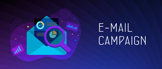 Poster - Email Campaign Digital Marketing concept. Inbound or Outbound Advertisement Business Strategy. Open mail envelope with a document on which charts and graphs. Header or footer vector banner template
