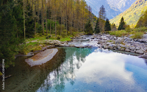 Cuadros en Lienzo Mello valley in Valtellina, Italy, aerial view of the small lake