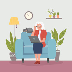 Wall Mural - Grandmother on comfortable couch and using laptop at living room. Vector flat style illustration