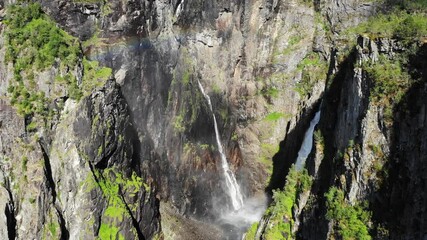 Sticker - Voringsfossen waterfall, green summer mountains, Mabodalen canyon Norway. National tourist Hardangervidda route, touristroad Rv7, Eidfjord sightseeing tour.