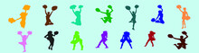 Set Of Cheerleader Teams Cartoon Icon Design Template With Various Models. Vector Illustration Isolated On Blue Background