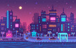 Pixel art cyberpunk metropolis background.