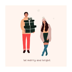 Wall Mural - Abstract christmas greeting card with couple guy with gift boxes and girl. Trendy new year winter holiday poster template. Vector illustration in hand drawn flat style