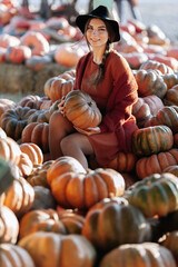 Wall Mural - Portrait of happy woman with ripe orange pumpkin in hands on background of farmers market in brown sweater and hat. Cozy autumn vibes Halloween, Thanksgiving day.