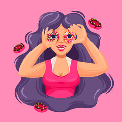 Wall Mural - Cartoon Color Character Person Girl Looking Through Donuts Concept. Vector