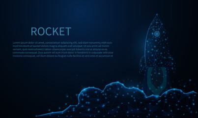 Wall Mural - Abstract blue glowing Rocket launch. Low poly, particle, and triangle style design. Abstract geometric background. Wireframe light connection structure. Business startup concept.Illustration vector 