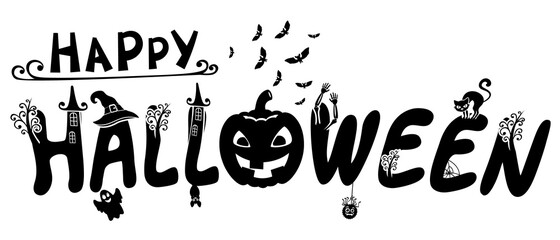 Happy halloween font with holiday elements on white