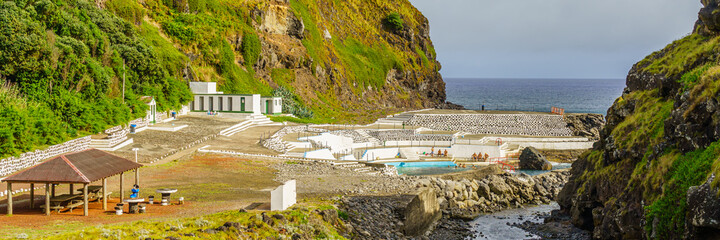 Wall Mural - Panorama view Piscina Natural Da Boca De Ribeira, Nordeste, Sao Miguel Atlantic Ocean. Natural pool, Portugal.