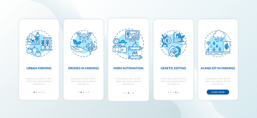 Agriculture innovation onboarding mobile app page screen with concepts. Drones in farming. Genetic editing walkthrough 5 steps graphic instructions. UI vector template with RGB color illustrations