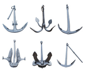 Set of various vintage anchors isolated on white background. Equipment for ships.