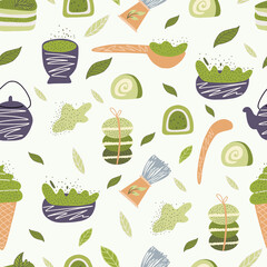 Seamless pattern with matcha elements. Japanese ethnic and national tea ceremony. Matcha powder, macarons,  tea leaves, tea pot, mochi, bamboo spoon, tea. Hand drawn vector illustration. Flat design.