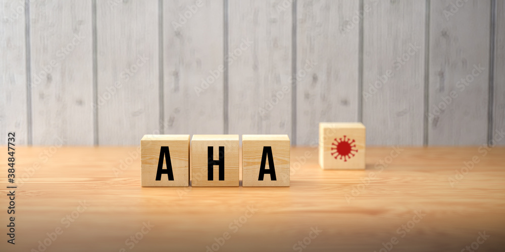 German acronym AHA for the three rules in a pandemic DISTANCE, HYGIENE, FACE MASKS on wooden background - obrazy, fototapety, plakaty 