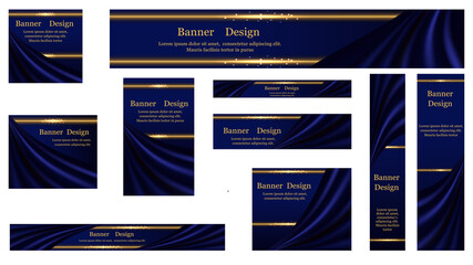 set of web banner backgrounds, luxury blue silk and glowing golden borders. smooth satin drapery cur