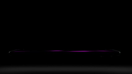 Poster - Horizontal position of cell phone in screen space up, side view, close-up. Silhouette of new generation smartphone, device appears as glowing purple line on black background, stylish 3D advertising