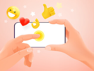 Poster - Using social network concept. Hands holding modern smartphone and tapping on the screen