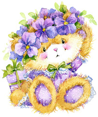 cute teddy bear for kid birthday background . watercolor illustration